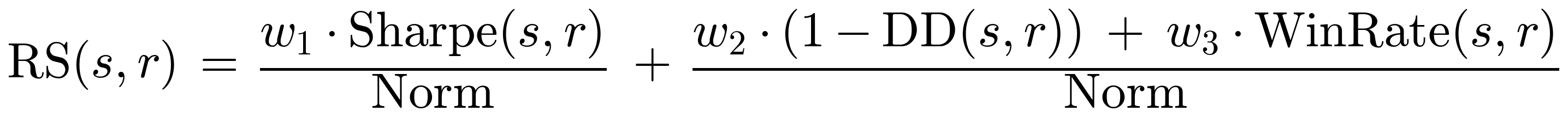 RS(s,r) = w1·Sharpe(s,r)/Norm + (w2·(1 − DD(s,r)) + w3·WinRate(s,r))/Norm
