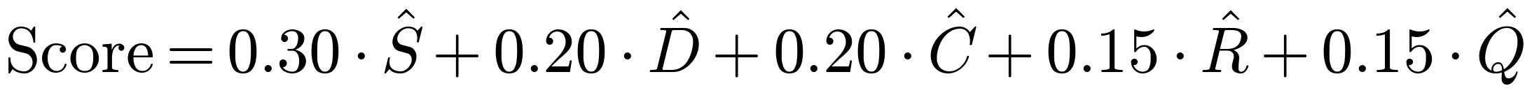 Score = 0.30·S + 0.20·D + 0.20·C + 0.15·R + 0.15·Q (normalized)