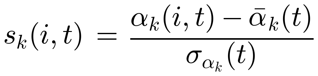 s_k(i,t) = (alpha_k(i,t) - mean alpha_k(t)) / sigma_{alpha_k}(t)