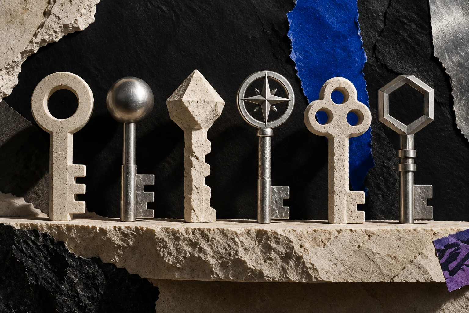 Six distinct stone and steel tools arranged on a limestone ledge, representing different trading approaches.