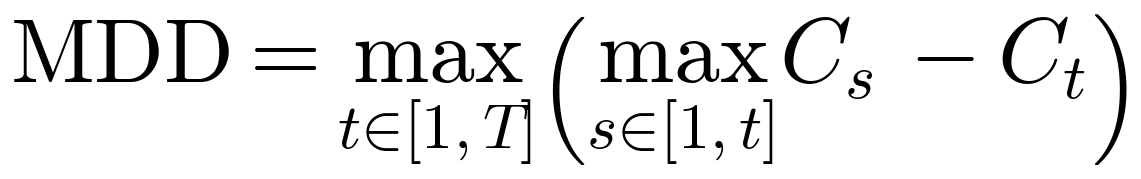MDD = max over t of (max over s of C_s - C_t)