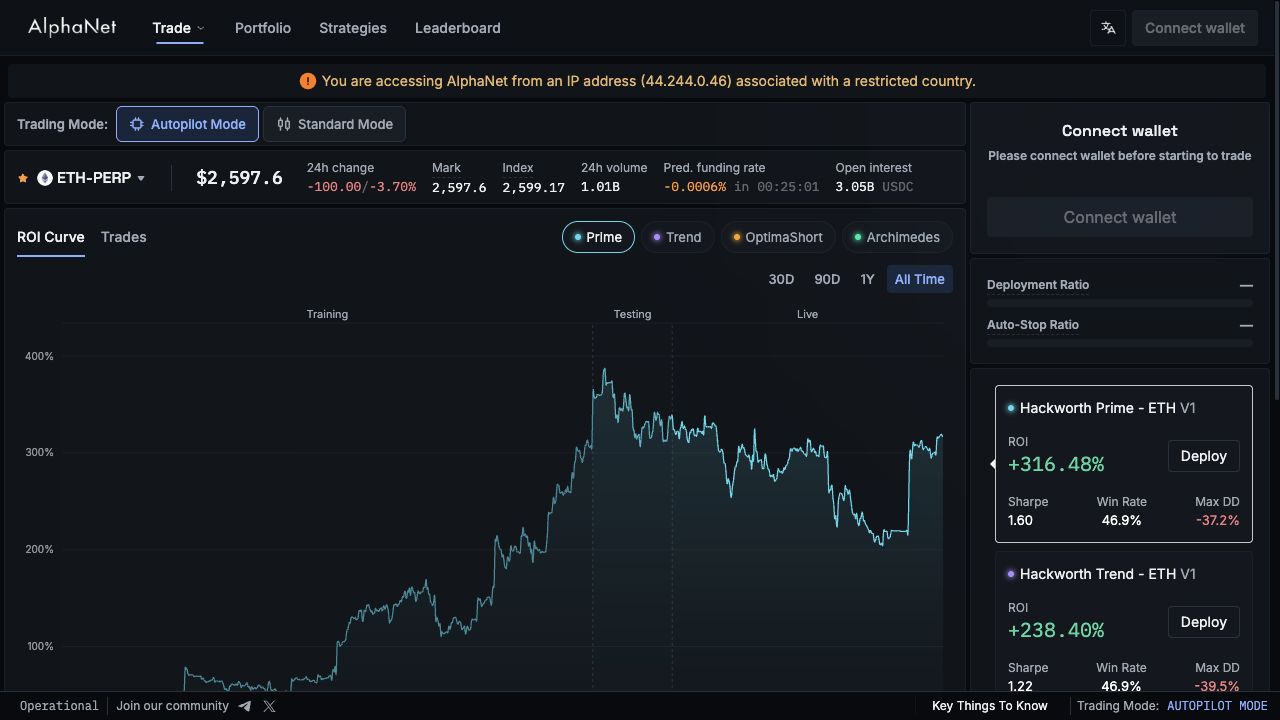 AlphaNet 交易平台的钱包连接按钮