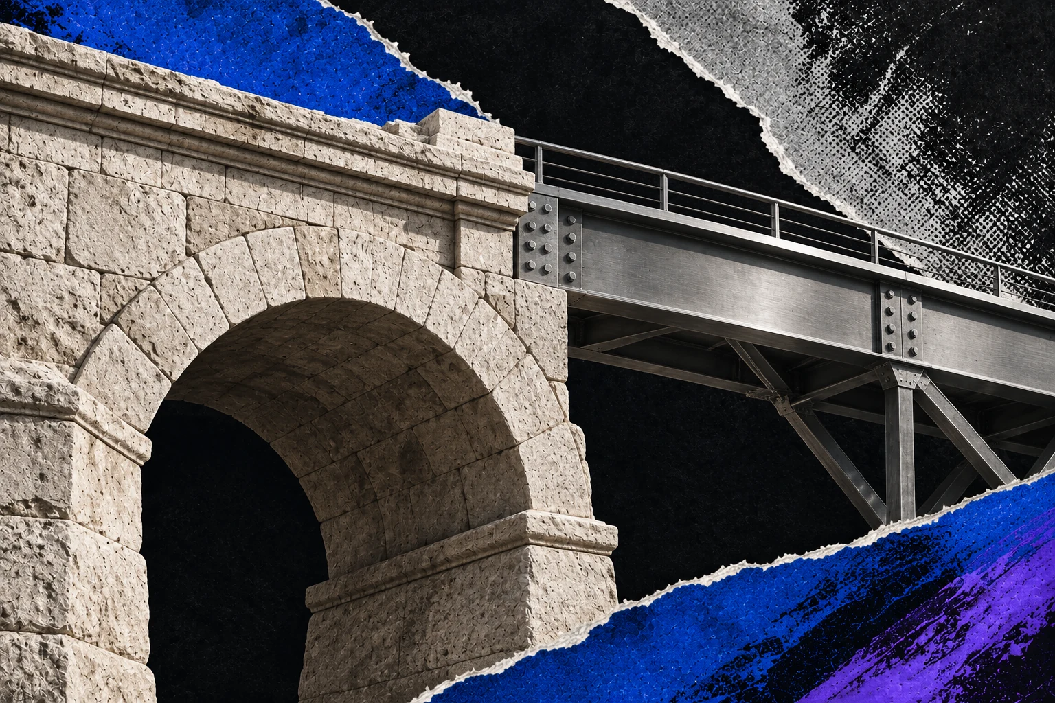A classical stone bridge joins a modern steel span: research and execution connected.