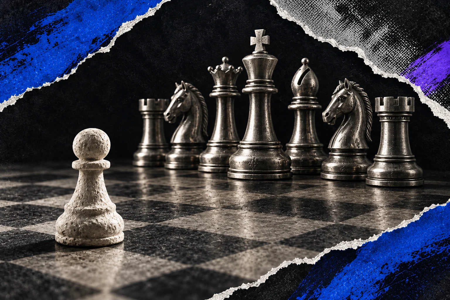 A lone carved-stone pawn faces an elaborately crafted metal chess set.