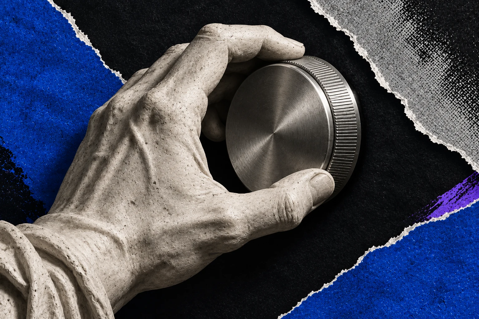 A sculpted stone hand deliberately turns a brushed-steel control dial.