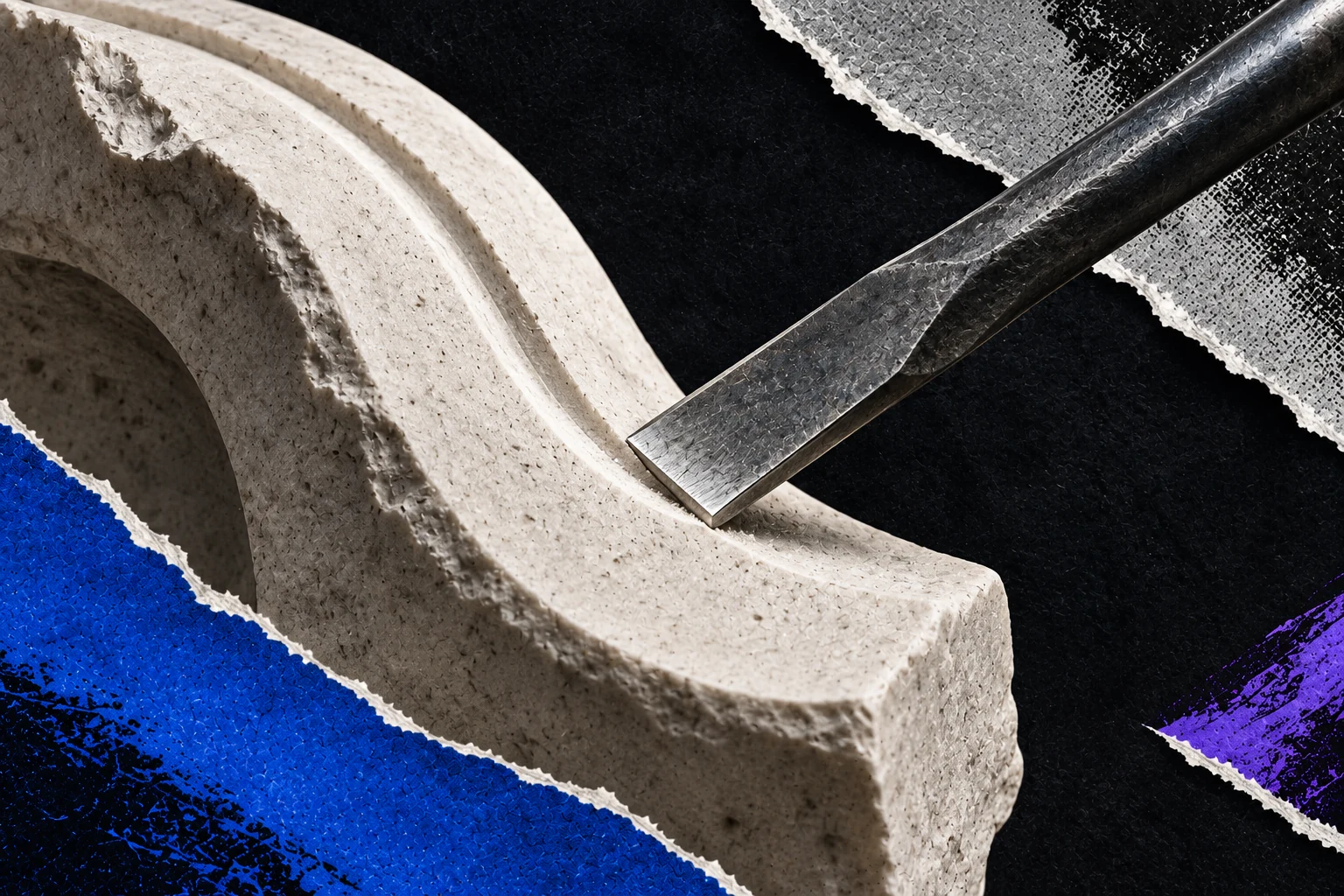 A steel chisel meets a precise incision in carved stone.