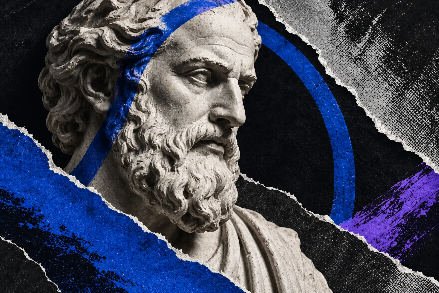 A classical mathematician’s stone portrait with cobalt editorial collage.
