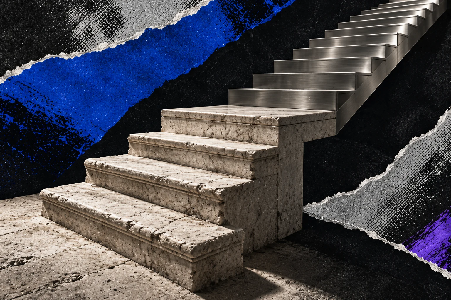 Classical stone steps continue into a modern brushed-metal staircase.