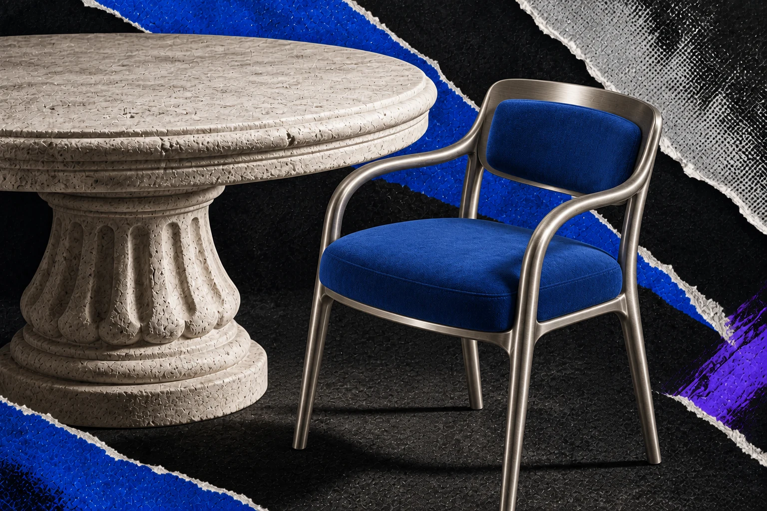 An inviting metal-framed armchair with cobalt cushioning beside a round stone table.